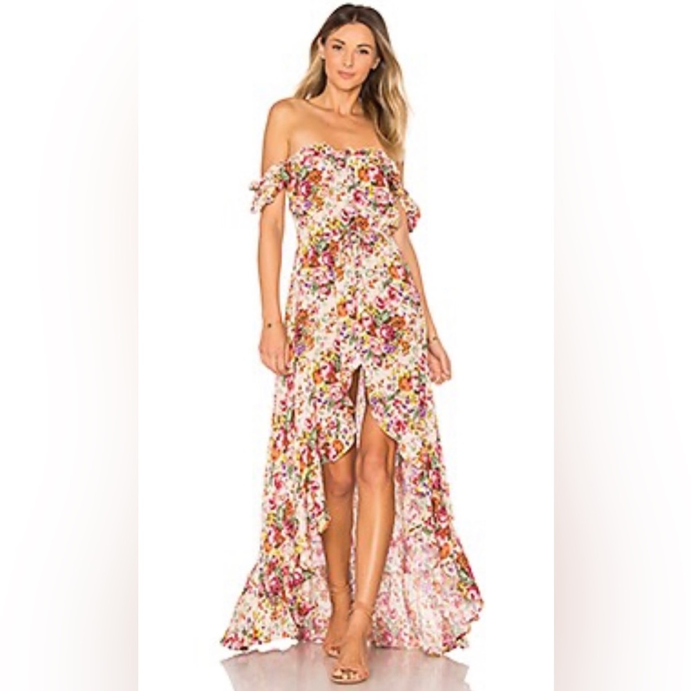 Auguste Willow Day Dress - Floral Off Shoulder High Low Maxi - Size 4